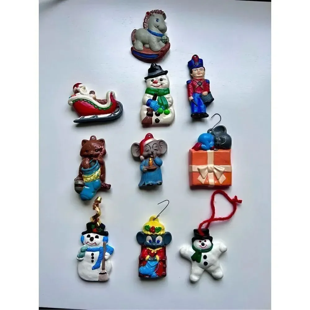Set of 10 Vintage Ceramic Christmas Ornaments Snowmen, Santa, Mouse, Soldier